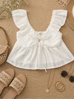 Urban Romantics White Eyelet Ruffle Peplum Tie Front Tank Top Size L